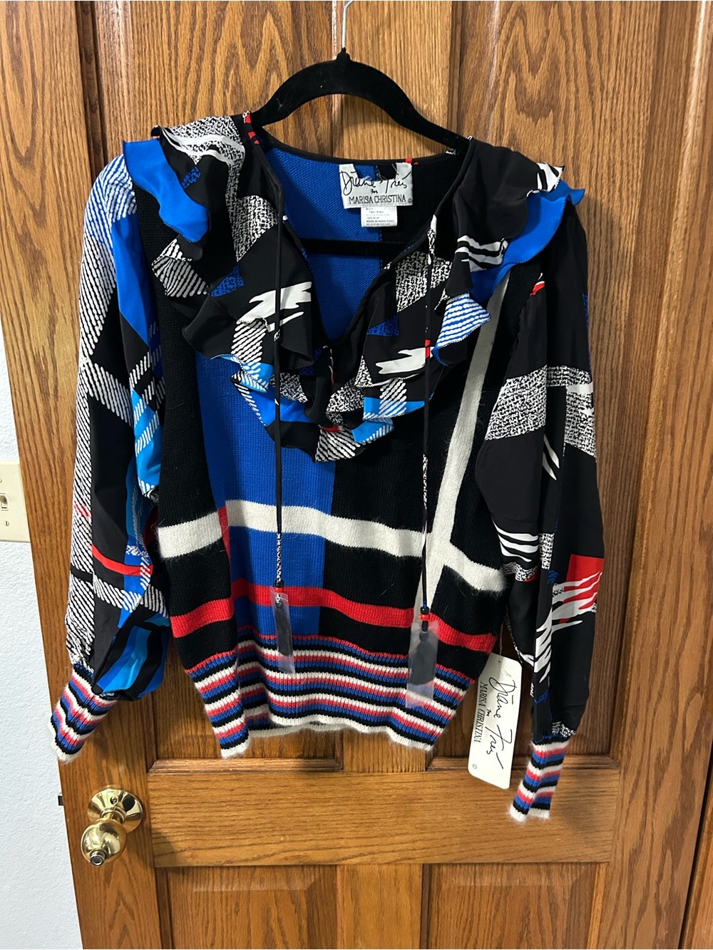 Marisa Christina Black and Bright Blue Patterned Knit Top